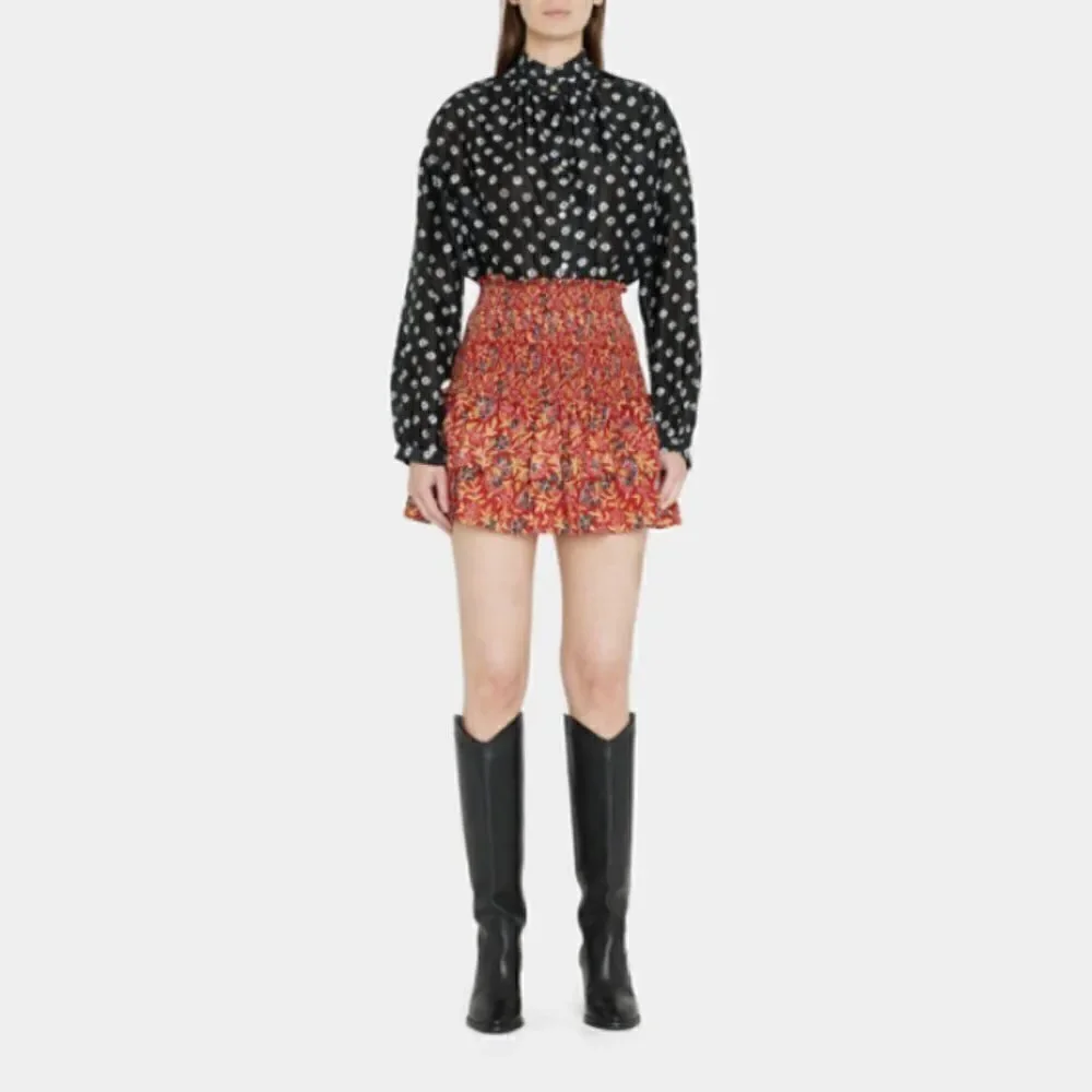New ALIX OF BOHEMIA Floral Layered Tiered Ruffle Skirt / Smocked Top India Red M